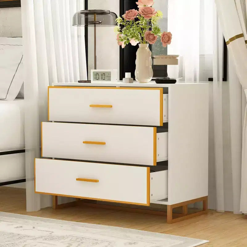 Comodino moderno nero e oro, telaio aperto in metallo, comodino con 3 cassetti, 80 cm (lunghezza) x 40 cm (larghezza)