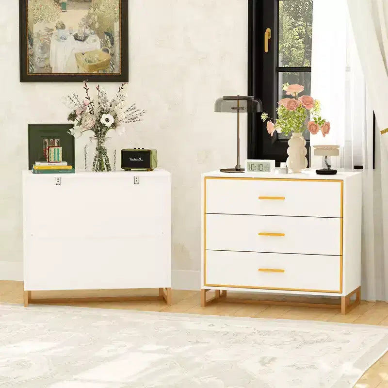Comodino moderno nero e oro, telaio aperto in metallo, comodino con 3 cassetti, 80 cm (lunghezza) x 40 cm (larghezza)