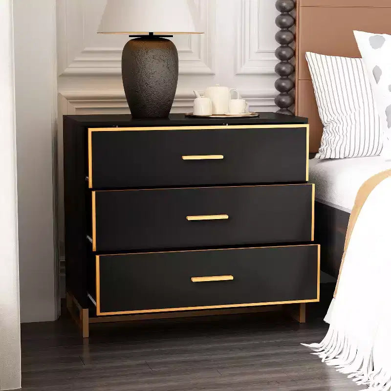 Comodino moderno nero e oro, telaio aperto in metallo, comodino con 3 cassetti, 80 cm (lunghezza) x 40 cm (larghezza)