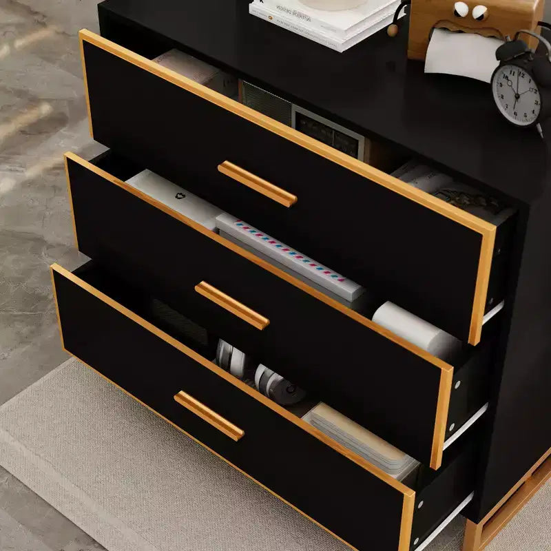 Comodino moderno nero e oro, telaio aperto in metallo, comodino con 3 cassetti, 80 cm (lunghezza) x 40 cm (larghezza)