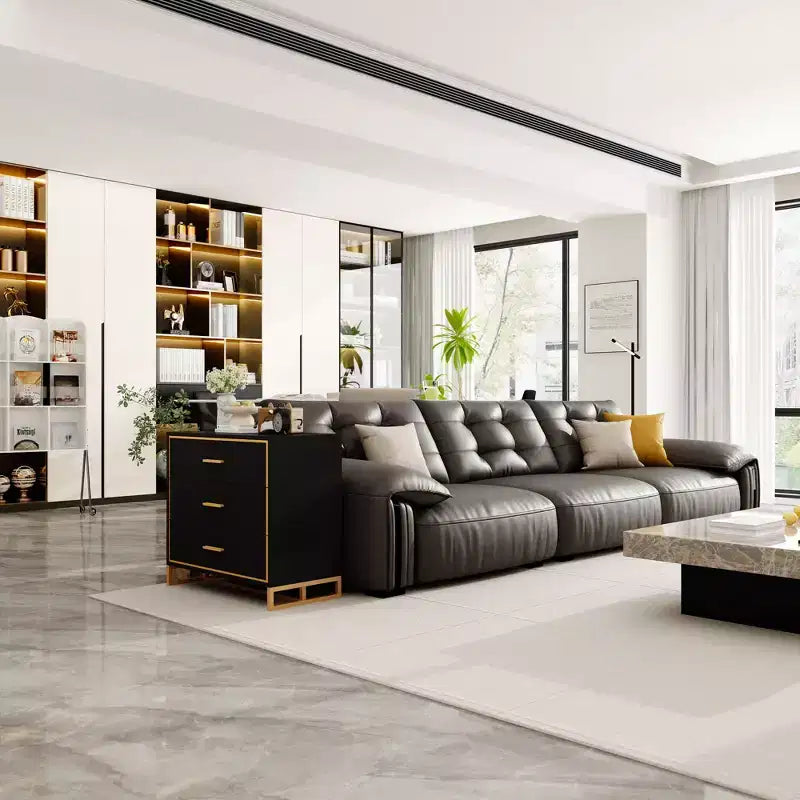 Comodino moderno nero e oro, telaio aperto in metallo, comodino con 3 cassetti, 80 cm (lunghezza) x 40 cm (larghezza)