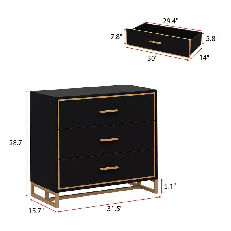 Comodino moderno nero e oro, telaio aperto in metallo, comodino con 3 cassetti, 80 cm (lunghezza) x 40 cm (larghezza)