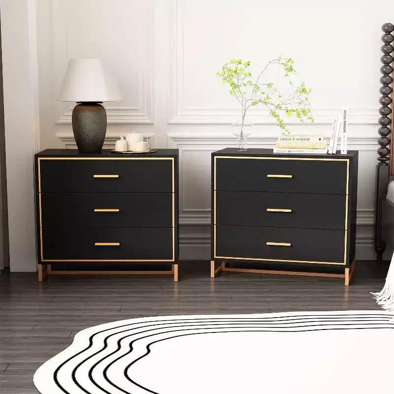 Comodino moderno nero e oro, telaio aperto in metallo, comodino con 3 cassetti, 80 cm (lunghezza) x 40 cm (larghezza)