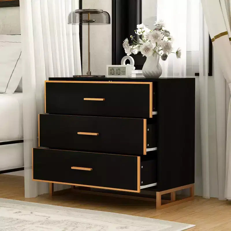 Comodino moderno nero e oro, telaio aperto in metallo, comodino con 3 cassetti, 80 cm (lunghezza) x 40 cm (larghezza)