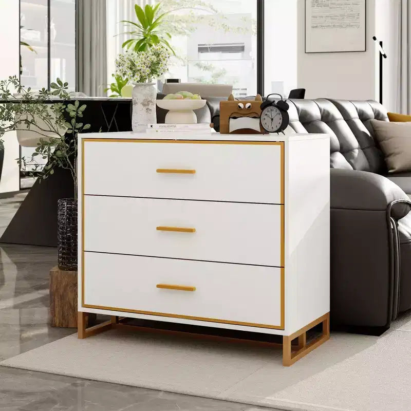Comodino moderno nero e oro, telaio aperto in metallo, comodino con 3 cassetti, 80 cm (lunghezza) x 40 cm (larghezza)