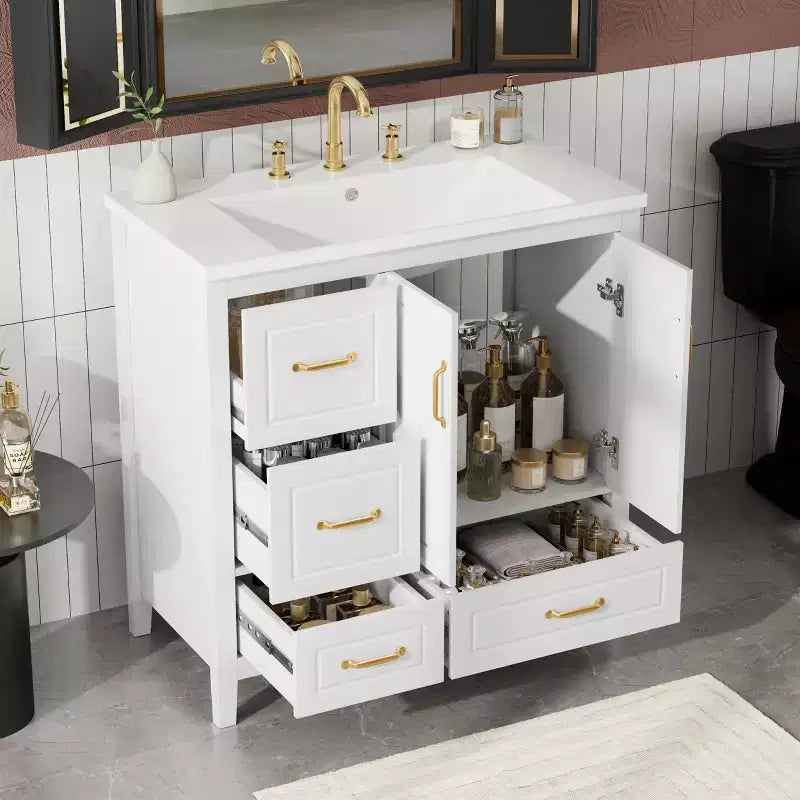 Mobile bagno da 36 pollici con lavabo, armadietto con ante a chiusura ammortizzata, 4 cassetti a chiusura ammortizzata e maniglie in metallo