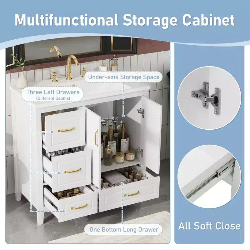 Mobile bagno da 36 pollici con lavabo, armadietto con ante a chiusura ammortizzata, 4 cassetti a chiusura ammortizzata e maniglie in metallo