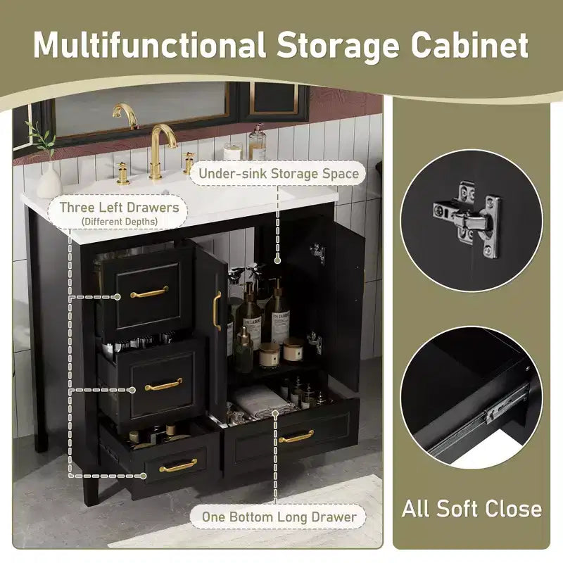 Mobile bagno da 36 pollici con lavabo, armadietto con ante a chiusura ammortizzata, 4 cassetti a chiusura ammortizzata e maniglie in metallo