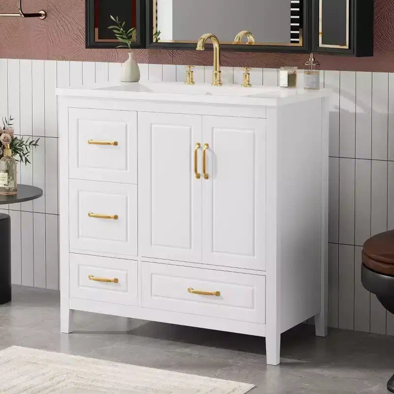 Mobile bagno da 36 pollici con lavabo, armadietto con ante a chiusura ammortizzata, 4 cassetti a chiusura ammortizzata e maniglie in metallo