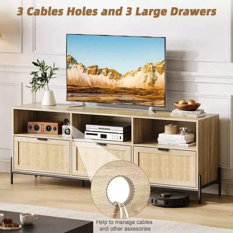 COZONY Modern Rattan TV Stand for 75 . Wood Media Console w/ 3 Drawers & Open Shelves