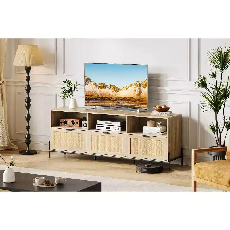 Mobile Porta TV in Rattan Moderno per 75", Consolle Multimediale in Legno con 3 Cassetti e Ripiani Aperti, Naturale