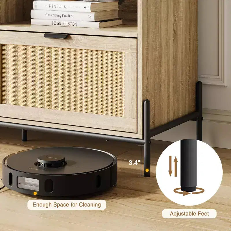 Mobile Porta TV in Rattan Moderno per 75", Consolle Multimediale in Legno con 3 Cassetti e Ripiani Aperti, Naturale