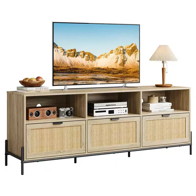 Mobile Porta TV in Rattan Moderno per 75", Consolle Multimediale in Legno con 3 Cassetti e Ripiani Aperti, Naturale
