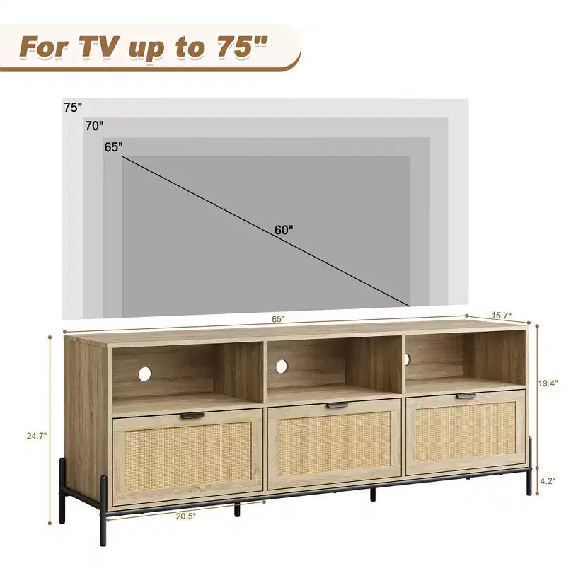 Mobile Porta TV in Rattan Moderno per 75", Consolle Multimediale in Legno con 3 Cassetti e Ripiani Aperti, Naturale