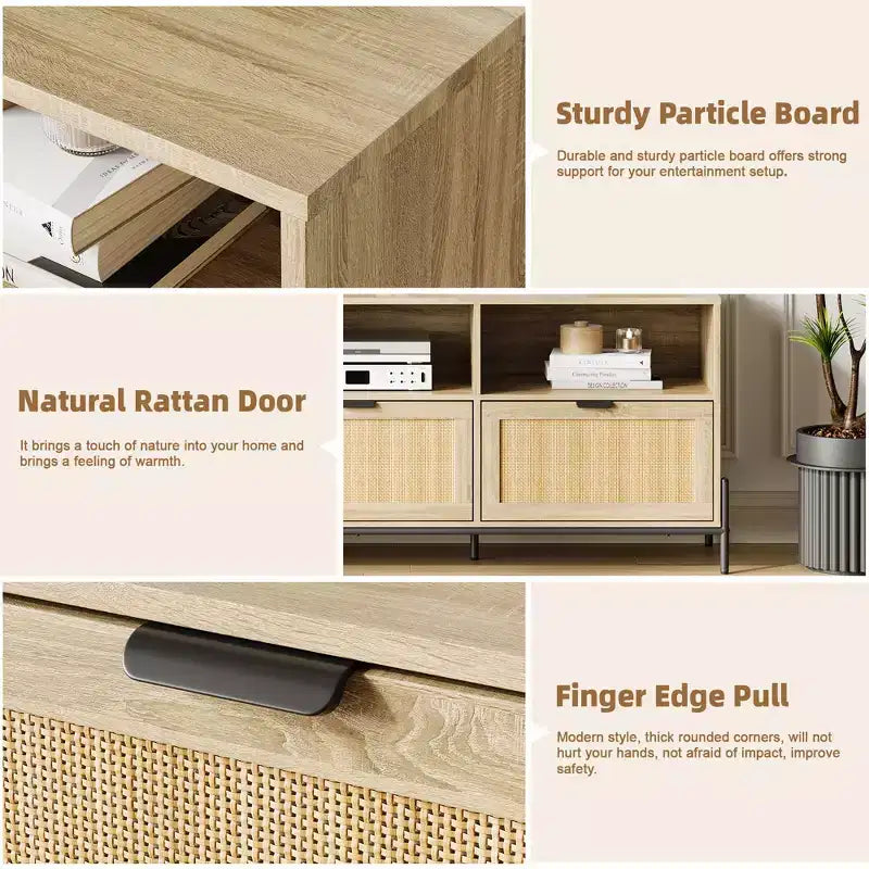 Mobile Porta TV in Rattan Moderno per 75", Consolle Multimediale in Legno con 3 Cassetti e Ripiani Aperti, Naturale