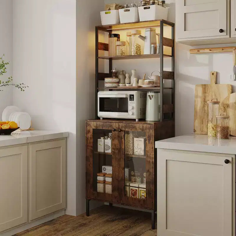 Mobile dispensa da cucina multifunzione con prese, luci a LED e ante in vetro, altezza 170 cm