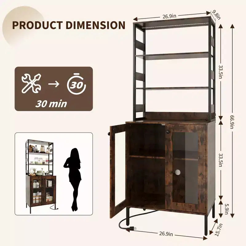 Mobile dispensa da cucina multifunzione con prese, luci a LED e ante in vetro, altezza 170 cm