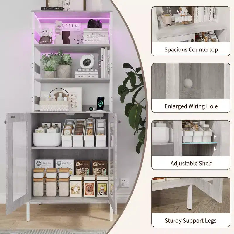 Mobile dispensa da cucina multifunzione con prese, luci a LED e ante in vetro, altezza 170 cm
