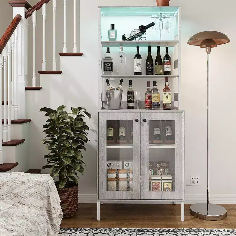 Mobile dispensa da cucina multifunzione con prese, luci a LED e ante in vetro, altezza 170 cm