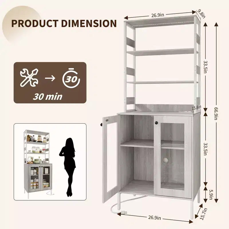 Mobile dispensa da cucina multifunzione con prese, luci a LED e ante in vetro, altezza 170 cm