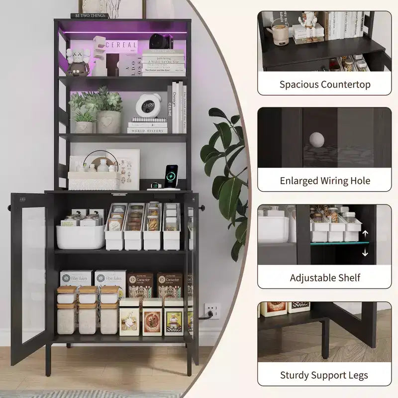 Mobile dispensa da cucina multifunzione con prese, luci a LED e ante in vetro, altezza 170 cm