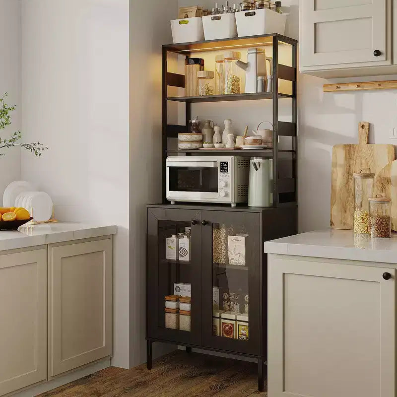 Mobile dispensa da cucina multifunzione con prese, luci a LED e ante in vetro, altezza 170 cm