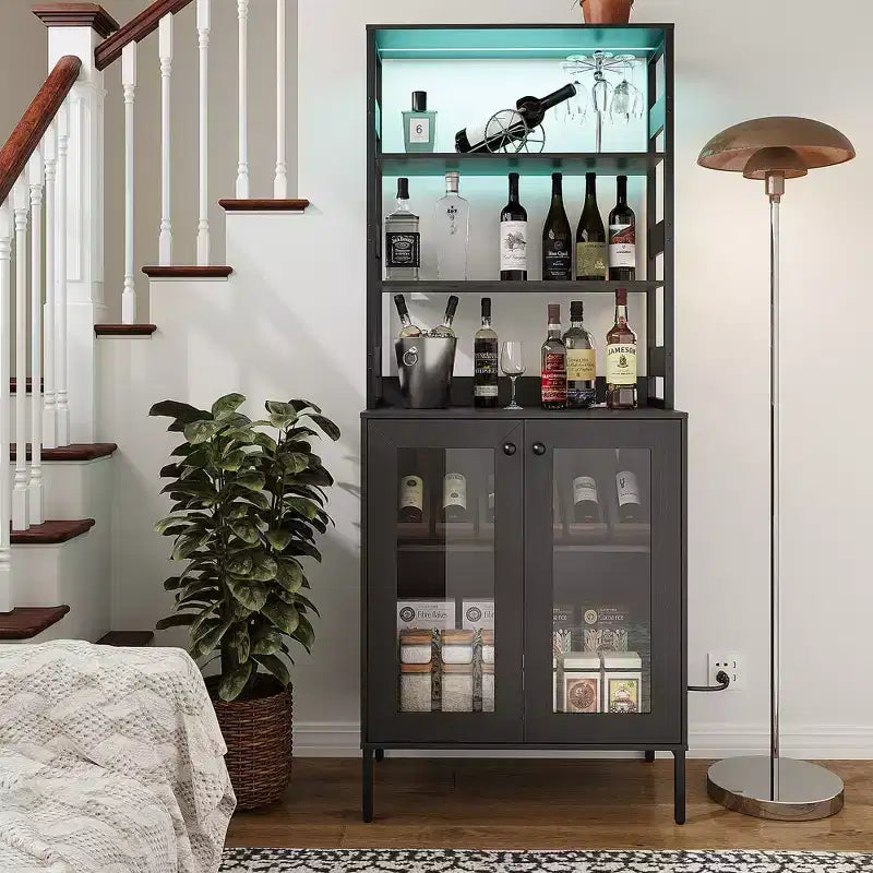 Mobile dispensa da cucina multifunzione con prese, luci a LED e ante in vetro, altezza 170 cm