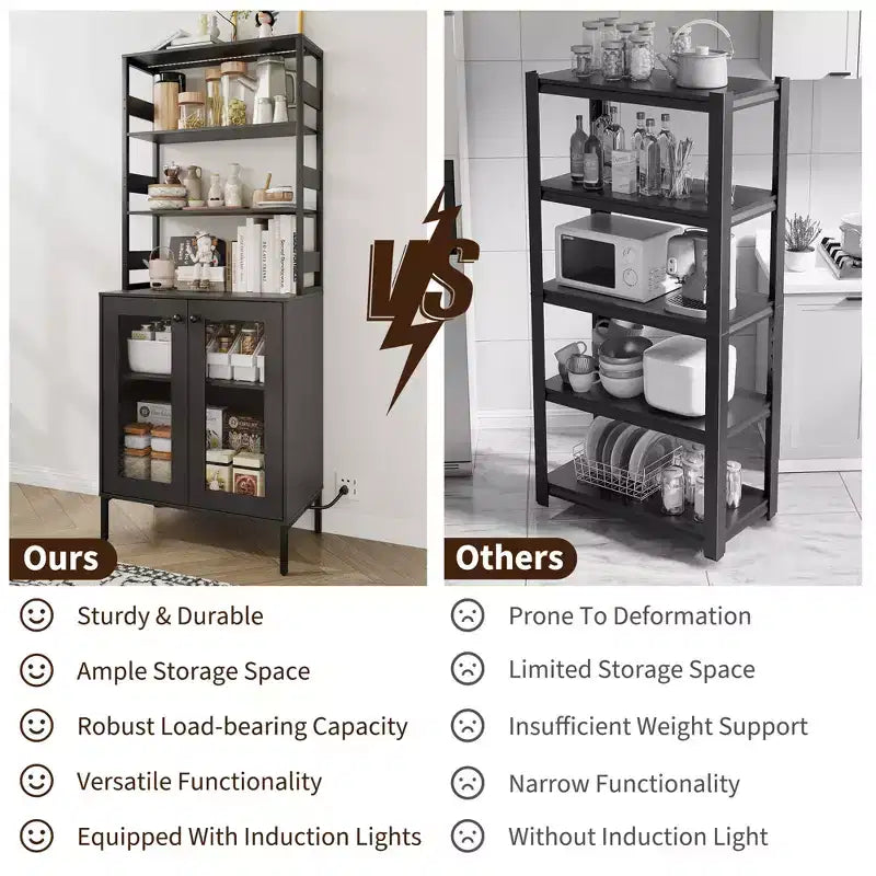 Mobile dispensa da cucina multifunzione con prese, luci a LED e ante in vetro, altezza 170 cm