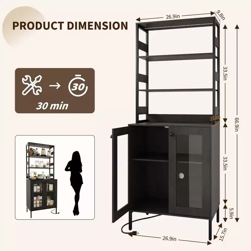 Mobile dispensa da cucina multifunzione con prese, luci a LED e ante in vetro, altezza 170 cm