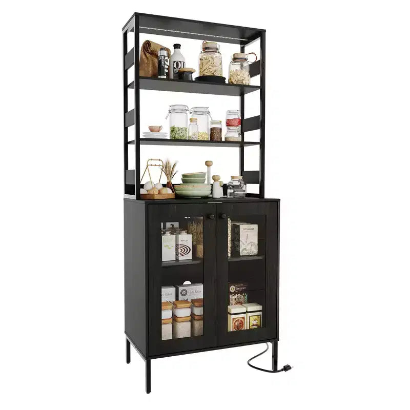 COZONY Multi-Function Kitchen Pantry Cabinet w/ Outlets & LED Lights, Glass Door Storage