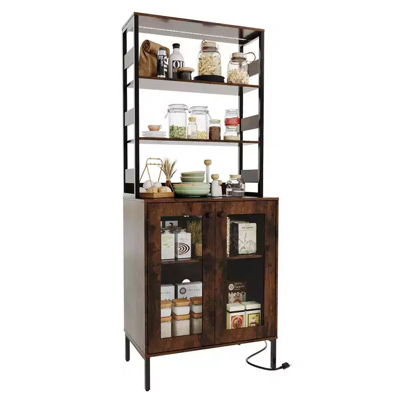Mobile dispensa da cucina multifunzione con prese, luci a LED e ante in vetro, altezza 170 cm
