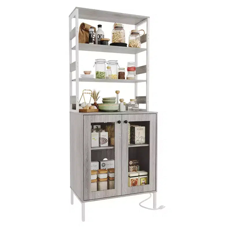 Mobile dispensa da cucina multifunzione con prese, luci a LED e ante in vetro, altezza 170 cm