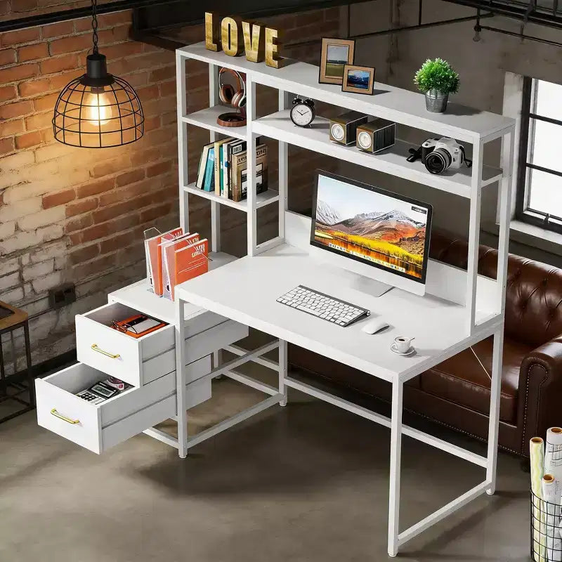 Scrivania alta per computer con alzata, 2 cassetti e ripiani aperti, tavolo da scrittura moderno per ufficio domestico, bianco