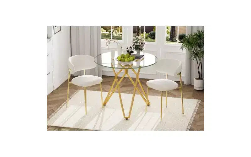 Tavolo da pranzo rotondo minimalista con piano in vetro temperato e gambe in metallo dorato, per 2-4 persone, salvaspazio