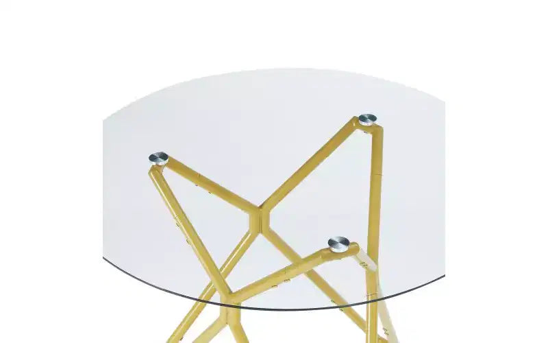 Tavolo da pranzo rotondo minimalista con piano in vetro temperato e gambe in metallo dorato, per 2-4 persone, salvaspazio