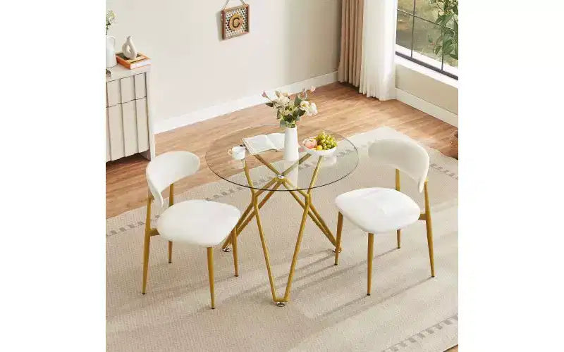 Tavolo da pranzo rotondo minimalista con piano in vetro temperato e gambe in metallo dorato, per 2-4 persone, salvaspazio