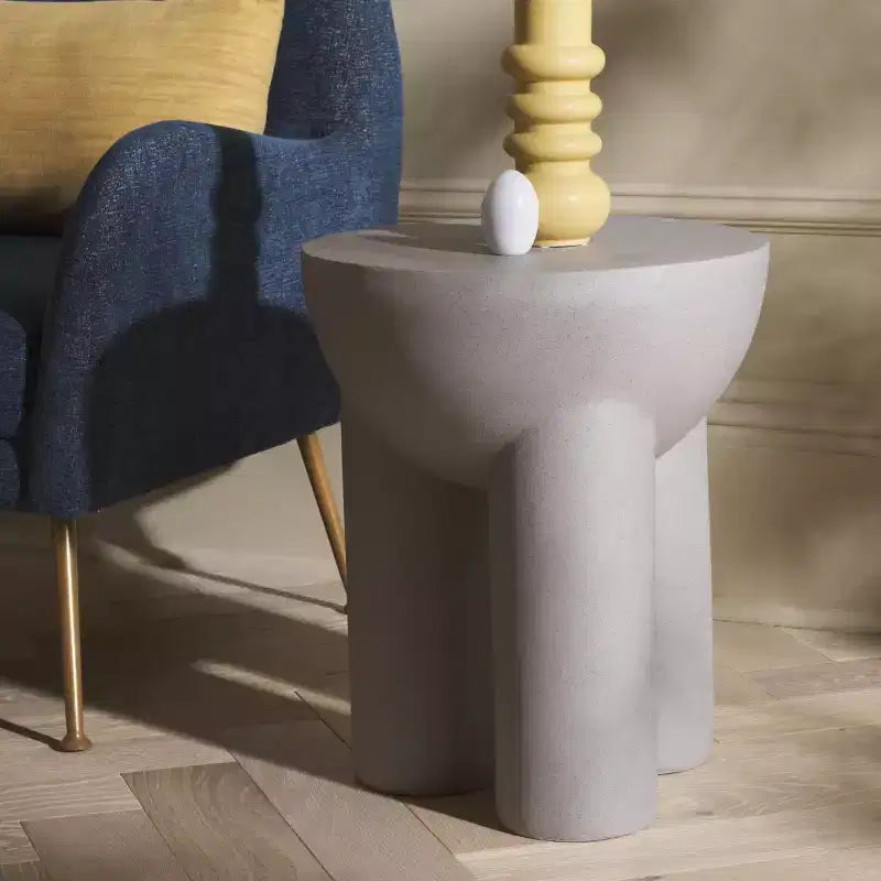 Tavolino d'appoggio rotondo Kataleya, tavolino laterale a tamburo grigio, arredamento moderno, nessun assemblaggio richiesto