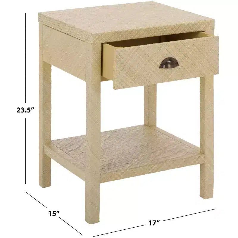 Tavolino Epke a 1 cassetto e 1 ripiano, tavolino da divano in giacinto d'acqua naturale e legno, nessun montaggio