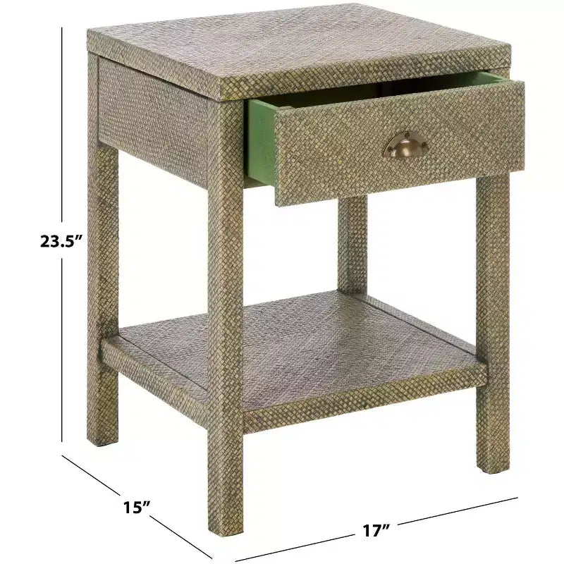 Tavolino Epke a 1 cassetto e 1 ripiano, tavolino da divano in giacinto d'acqua naturale e legno, nessun montaggio