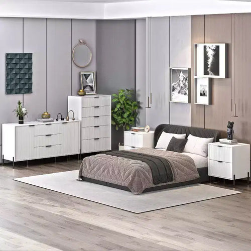 Set camera da letto 4 pezzi Modern Elegance, comò, cassettiera e 2 comodini, bianco sporco