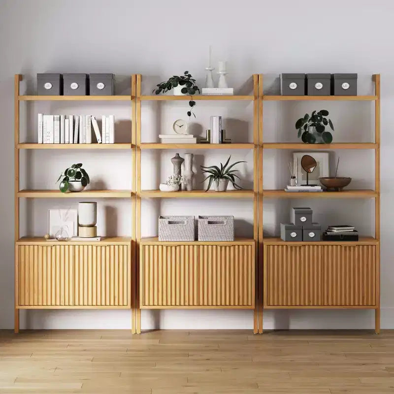 Set di 3 librerie scanalate in legno, torre espositiva aperta alta 182,6 cm, marrone chiaro