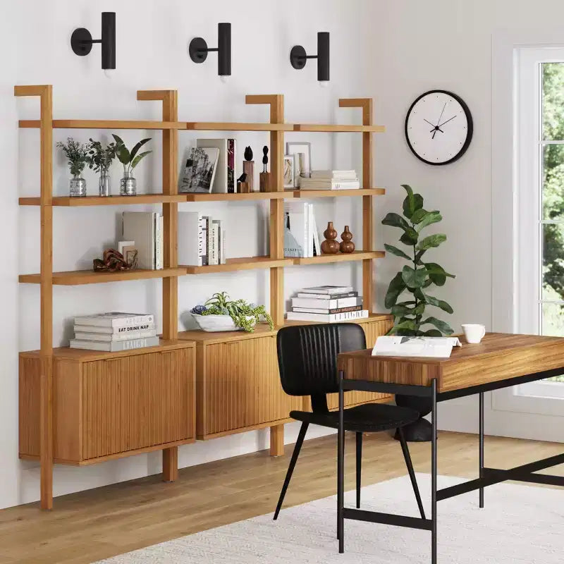 Set di 3 librerie scanalate in legno, torre espositiva aperta alta 182,6 cm, marrone chiaro