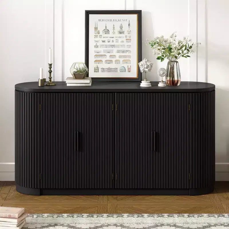 Credenza a 63" a Righe Verticali con Ripiani Regolabili e Maniglie in Metallo, Mobile Contenitore