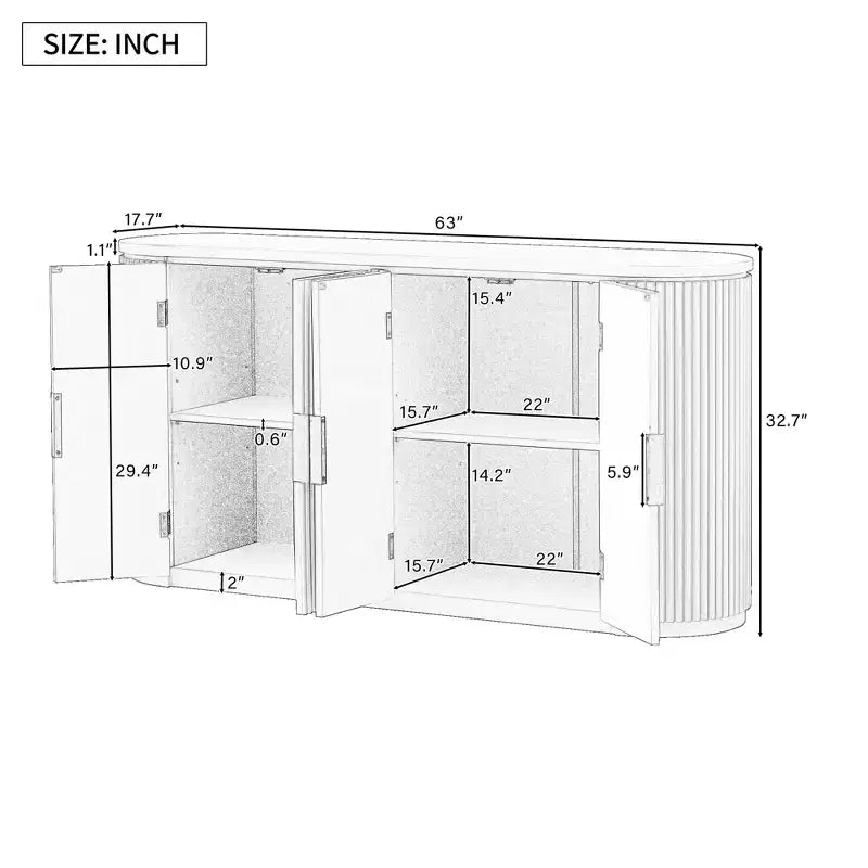 Credenza a 63" a Righe Verticali con Ripiani Regolabili e Maniglie in Metallo, Mobile Contenitore