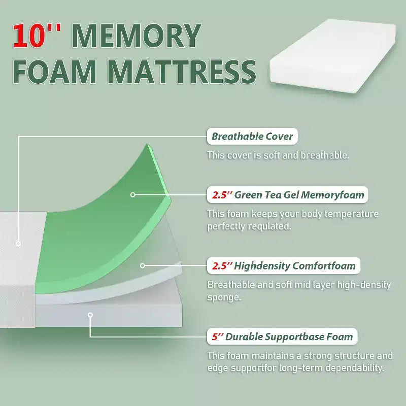 Materasso in memory foam con gel rinfrescante al tè verde da 10 pollici, CertiPUR-US Certified, senza fibra di vetro