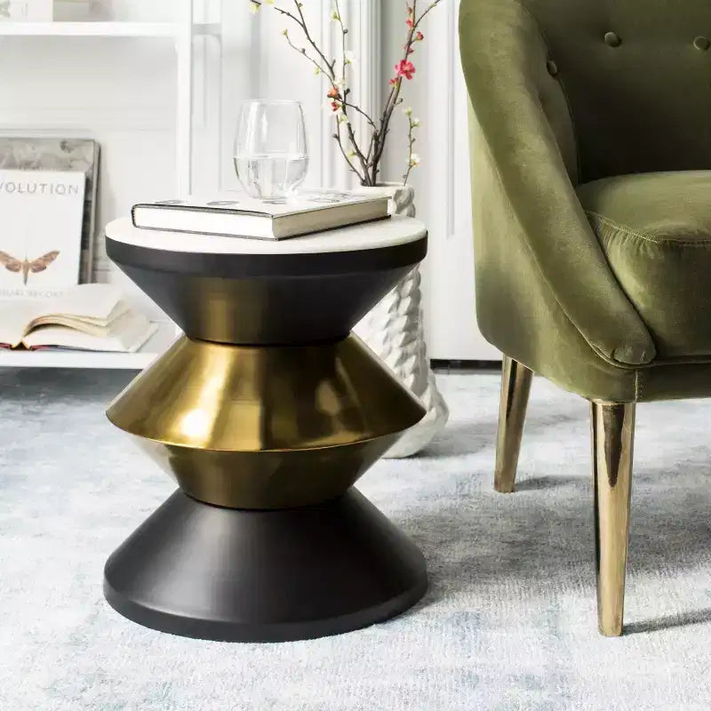 Tavolino da salotto Azizi con piano in pietra, tavolino decorativo nero e oro per soggiorno o camera da letto