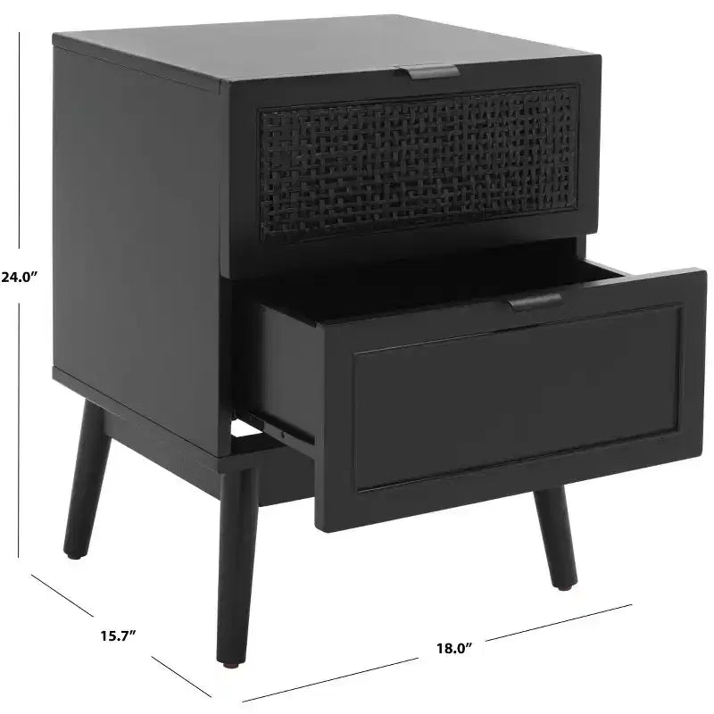 Comodino Baisley a 2 cassetti in rattan, comodino in legno Boho con frontali in vimini