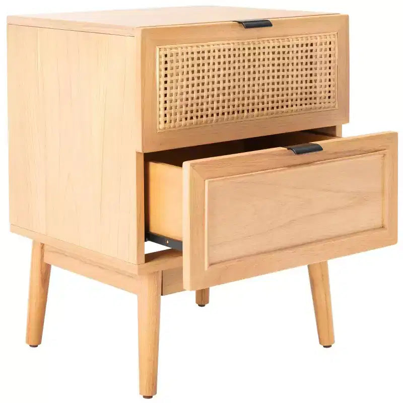 Comodino Baisley a 2 cassetti in rattan, comodino in legno Boho con frontali in vimini