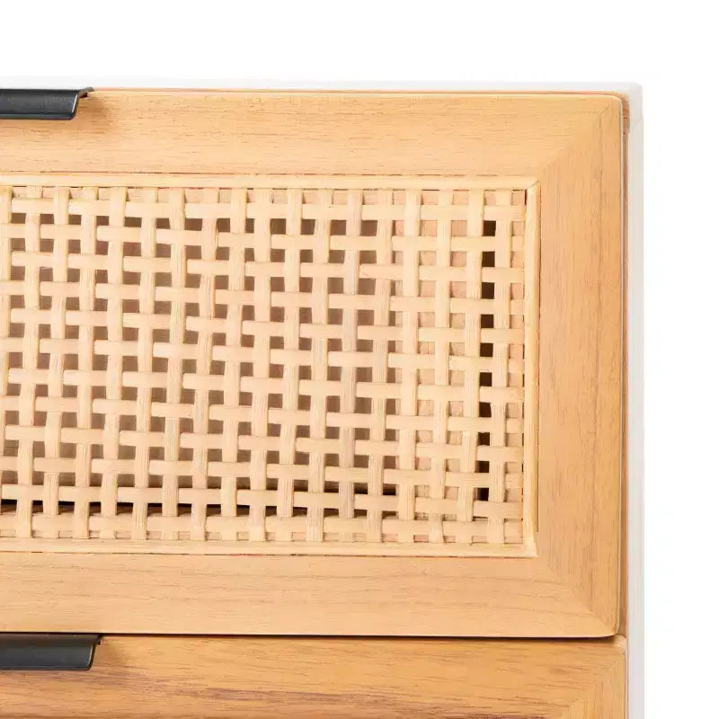 Comodino Baisley a 2 cassetti in rattan, comodino in legno Boho con frontali in vimini