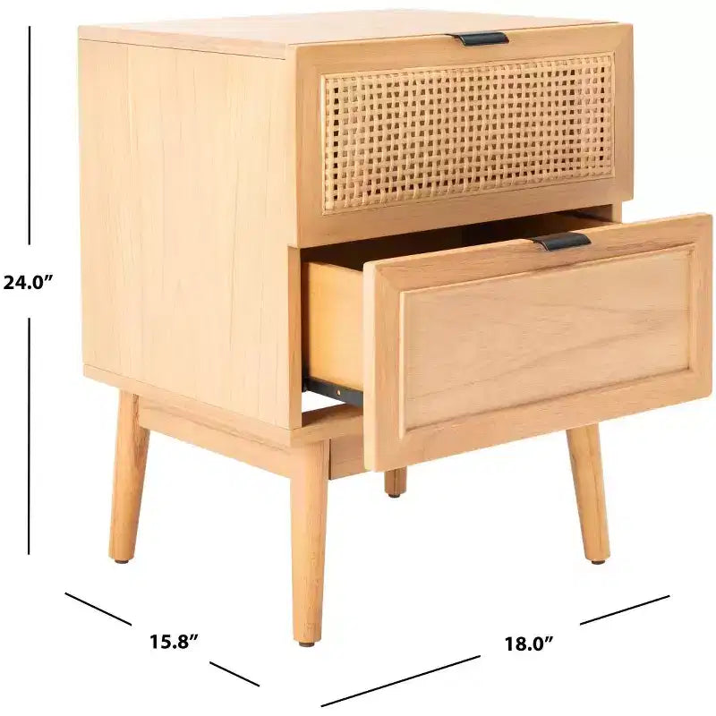 Comodino Baisley a 2 cassetti in rattan, comodino in legno Boho con frontali in vimini